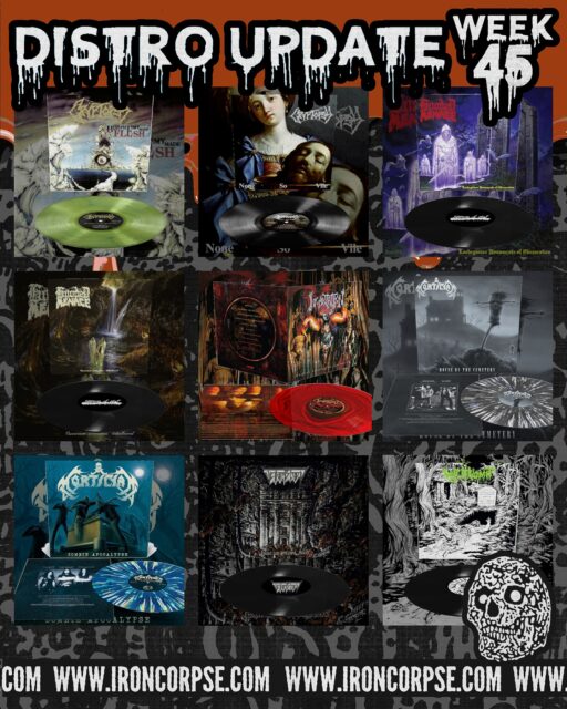 DISTRO UPDATE: WEEK 45 PT.2
Second update for this week with some restocks and also new additions to the store with the new HOODED MENACE full length album on Season Of Mist!
CRYPTOPSY “Blasphemy Made Flesh” LP (BLUE-YELLOW VINYL LTD.150)
CRYPTOPSY “None So Vile” LP (BLACK VINYL LTD.500)
HOODED MENACE “Lachrymose Monuments Of Obscuration” LP (BLACK VINYL LTD.800)
HOODED MENACE “Ossuarium Silhouettes Unhallowed” LP (BLACK VINYL LTD.500)
INCANTATION “Mortal Throne Of Nazarene” LP (BLOOD RED RIPPLE VINYL LTD.1794)
MORTICIAN “House By The Cemetary” LP (BLACK ICE SPLATTER VINYL)
MORTICIAN “House By The Cemetary” LP (BLACK ICE SPLATTER VINYL)
TEITANBLOOD “From The Visceral Abyss” LP (BLACK VINYL)
WITCH VOMIT “The Webs Of Horror” MLP (BLACK VINYL LTD.350)
#deathmetal #doommetal