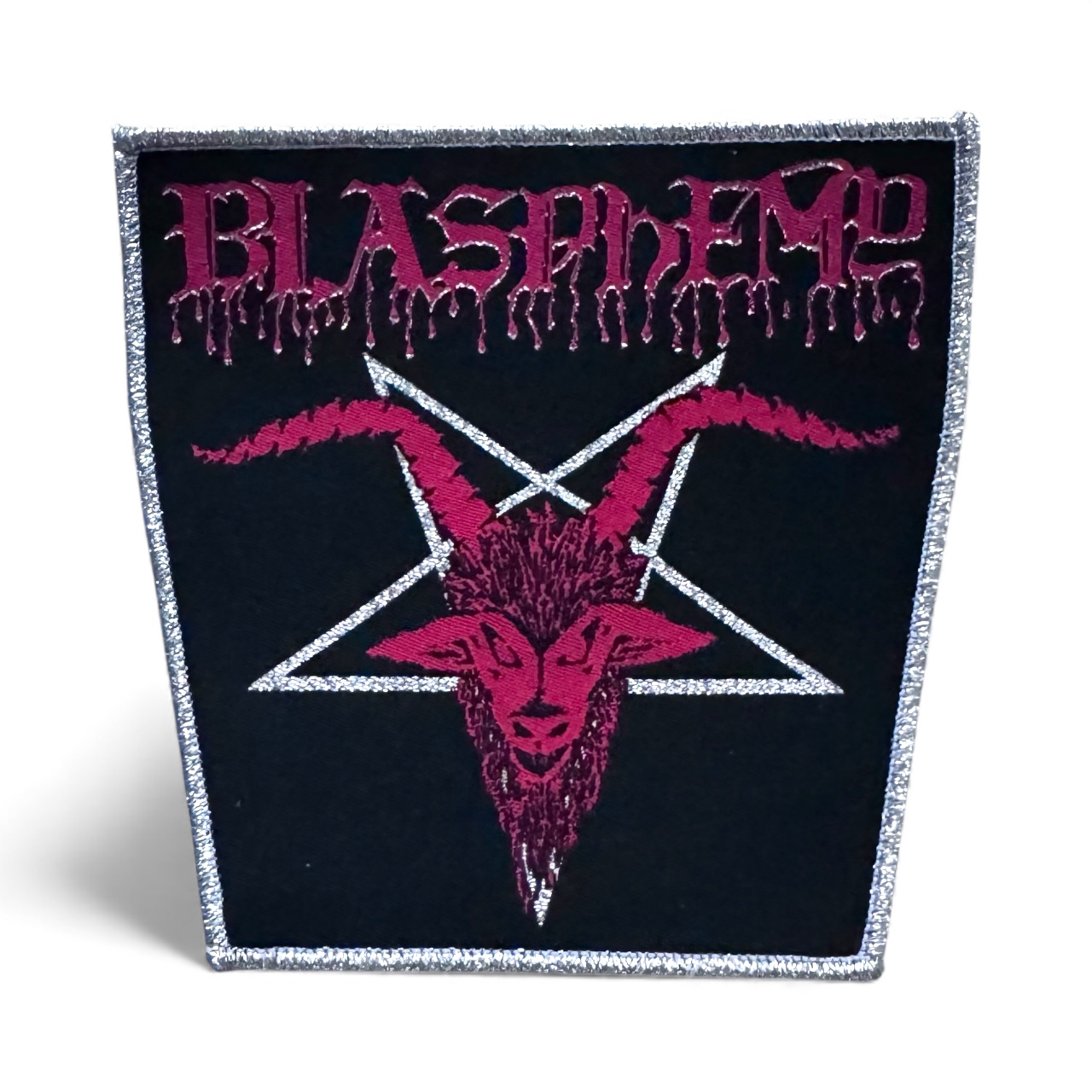 BLASPHEMY “Pentagram” (Silver Glitter Border) WOVEN PATCH – Iron Corpse
