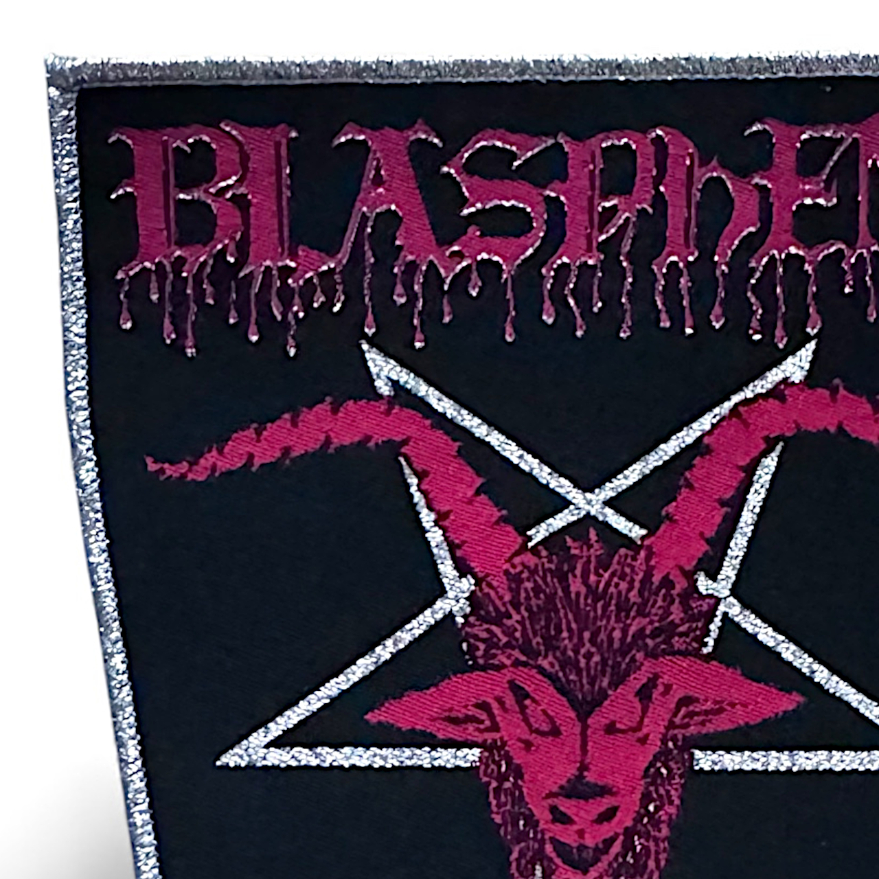 BLASPHEMY “Pentagram” (Silver Glitter Border) WOVEN PATCH – Iron Corpse