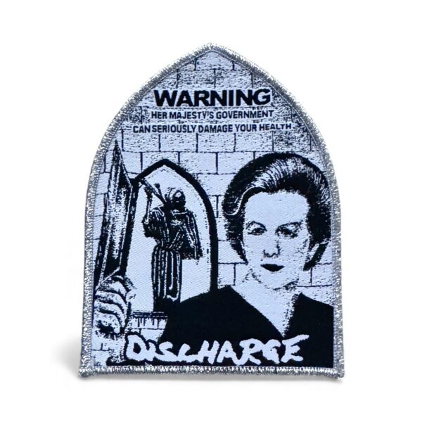 DISCHARGE "Warning" (Silver Glitter Border) WOVEN PATCH