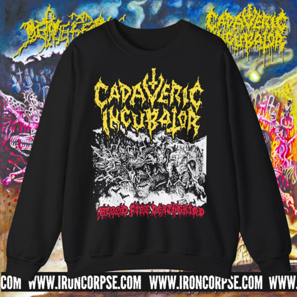 CADAVERIC INCUBATOR “Blood Fire Deathgrind” CREWNECK BLACK (S-5XL) (PRINT ON DEMAND)