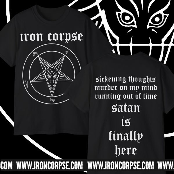 SATAN IS FINALLY HERE T-SHIRT BLACK (S-5XL) (PRINT ON DEMAND)